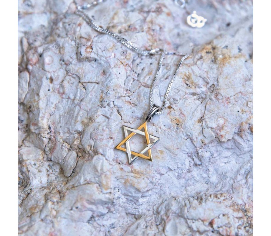 Pendant Necklace with Stars of David - Sterling Silver and Gold Plate