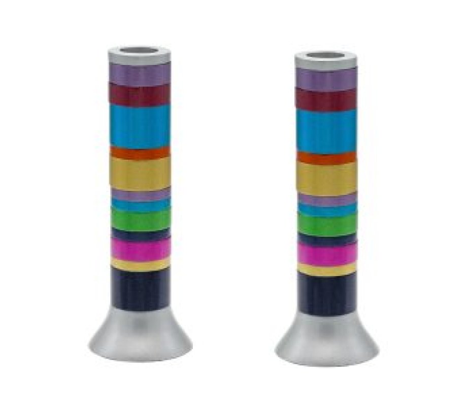 Pillar Candlesticks with Full Decorative Rings, Choice of Colors - Yair Emanuel