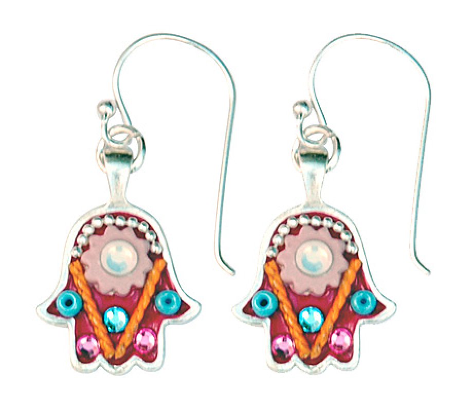 Pink Flower Hamsa Earrings - Ester Shahaf
