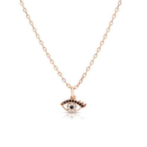 Plated Rose Gold on Sterling Silver Necklace, Blue and White Zircons - Evil Eye Charm