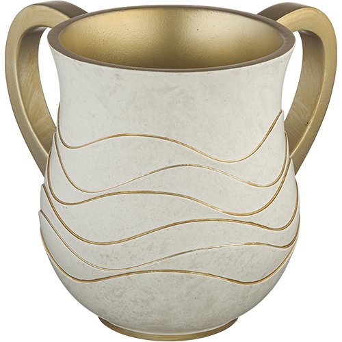 Polyresin Netilat Yadayim Wash Cup - Ivory and Gold Wave Design