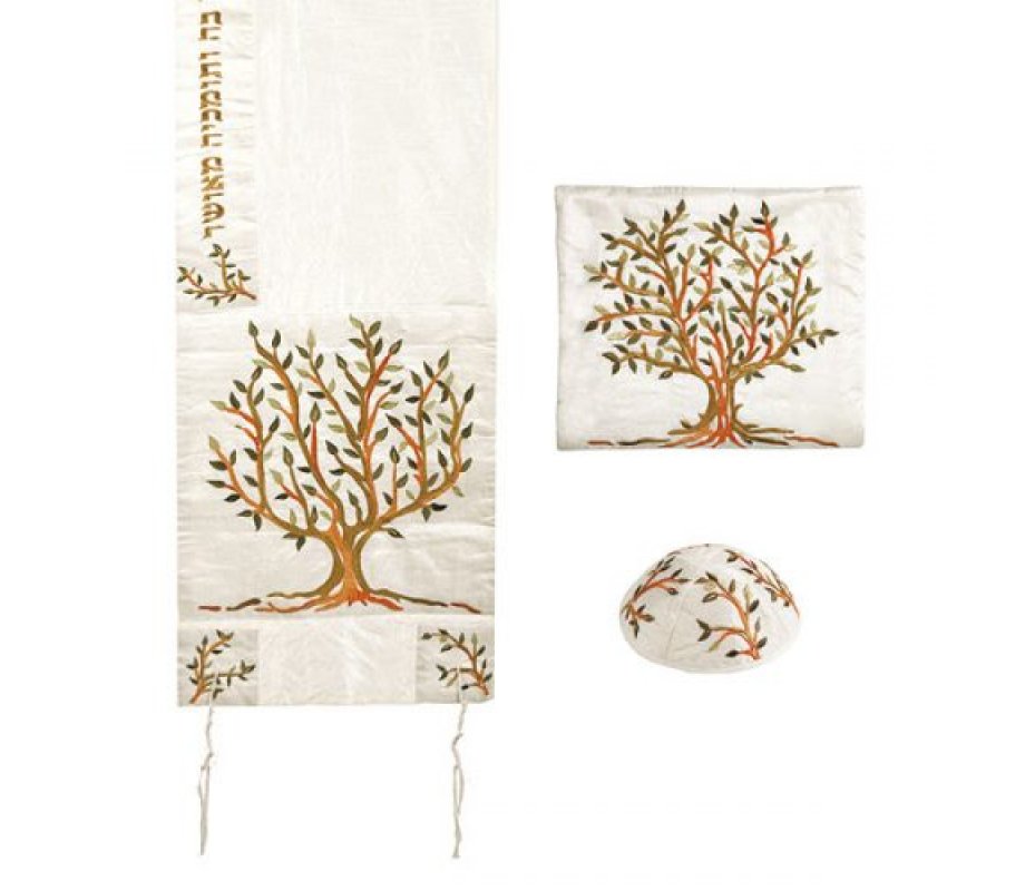 Polysilk Tallit Set Embroidered Brown and Green Tree of Life - Yair Emanuel