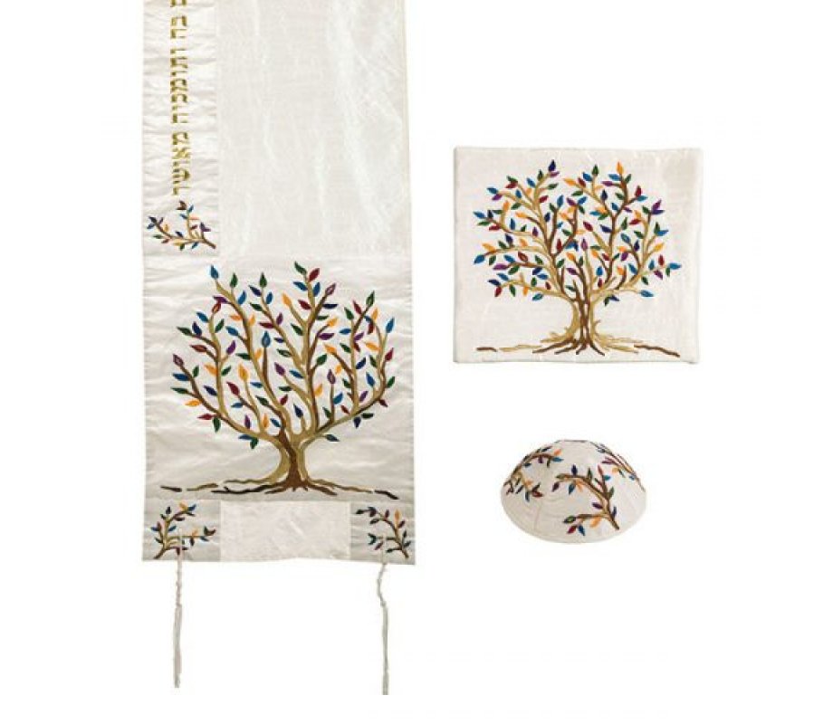 Polysilk Tallit Set with Embroidered Multicolored Tree of Life - Yair Emanuel