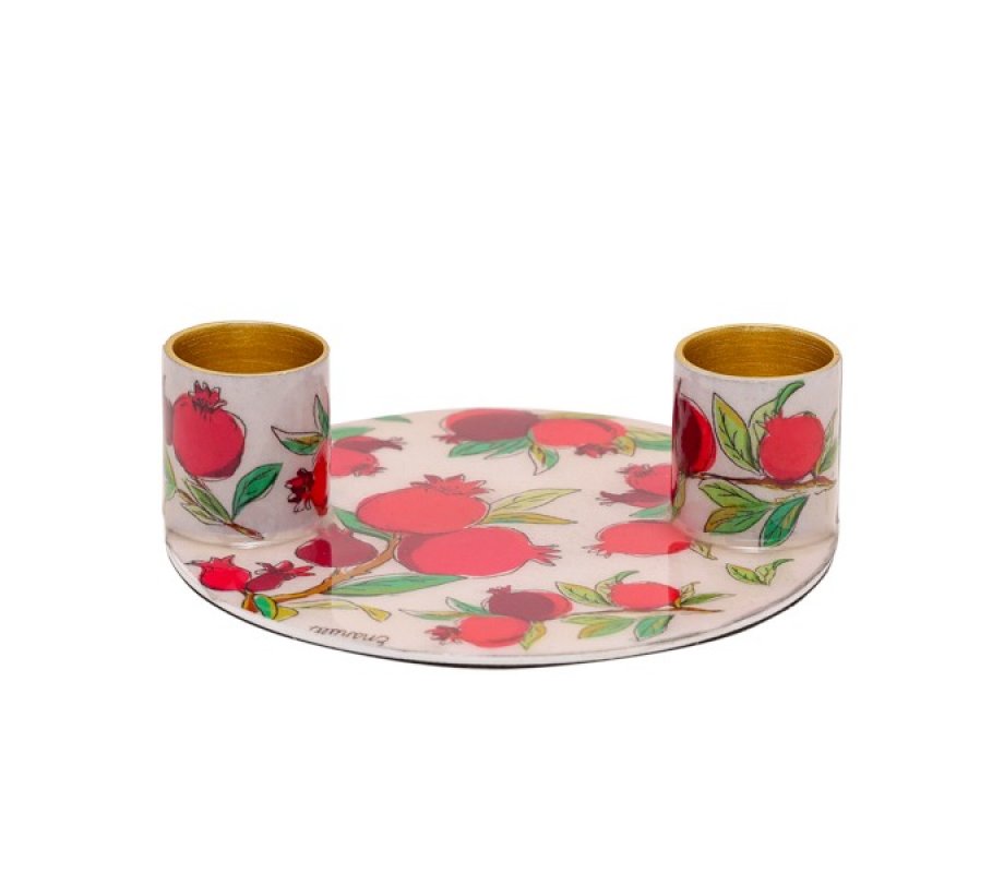 Pomegranate Design Small Metal Candle Holders on Attached Tray - Yair Emanuel