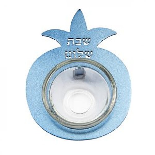 Pomegranate Salt Holder with Glass Dish and Shabbat Shalom, Blue - Yair Emanuel