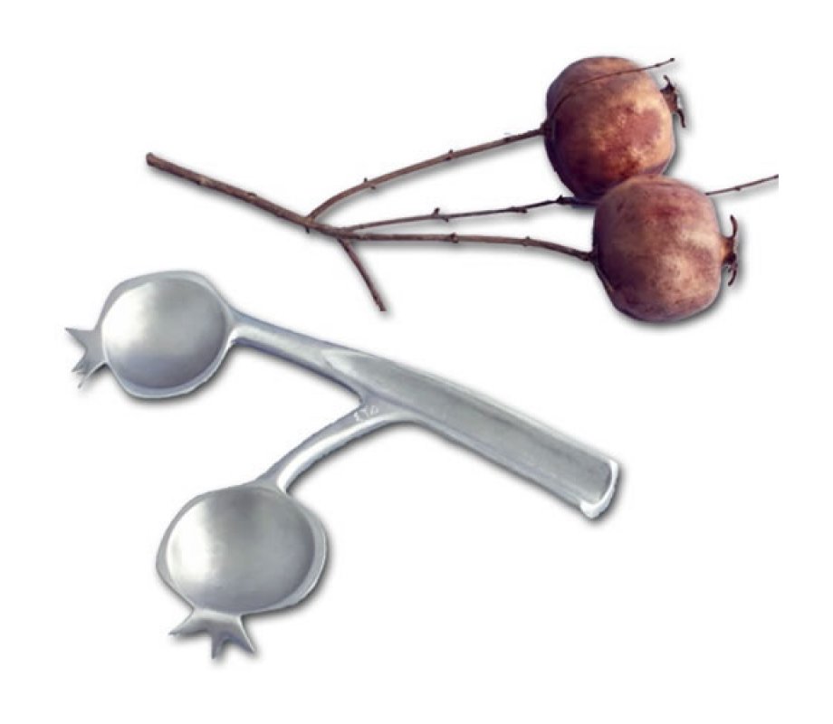 Pomegranate Shaped Double Spoons for Honey, Silver Nickel - Shraga Landesman