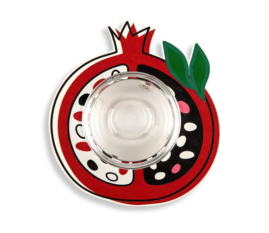 Pomegranate Shaped Honey Dish with Glass Bowl, Lively Colors - Dorit Judaica