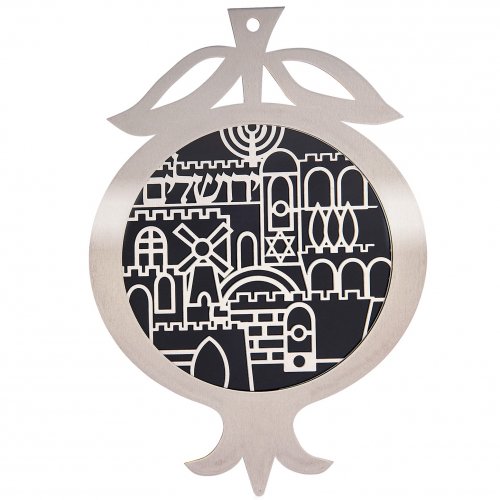 Pomegranate Wall Plaque with Cutout Jerusalem Design, Black - Dorit Judaica