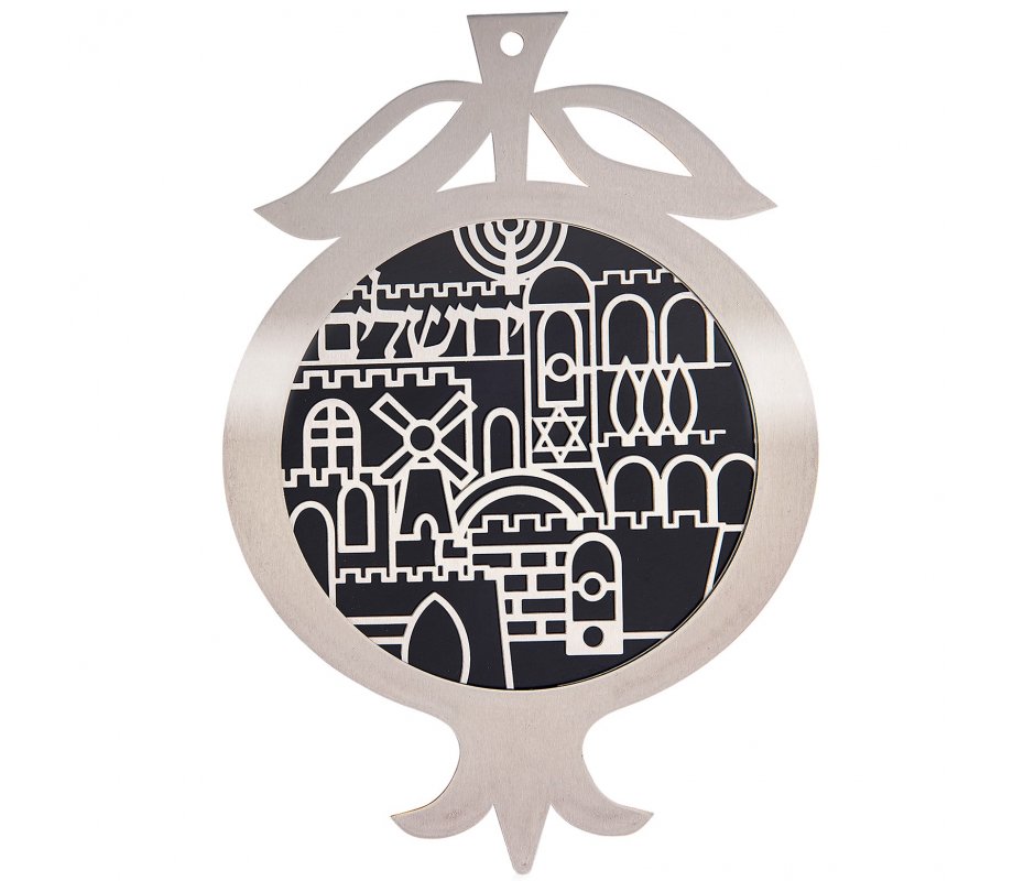 Pomegranate Wall Plaque with Cutout Jerusalem Design, Black - Dorit Judaica