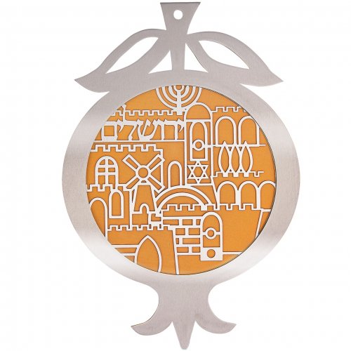 Pomegranate Wall Plaque with Cutout Jerusalem Design, Mustard - Dorit Judaica