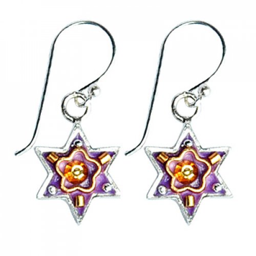 Purple Flower Star of David Earrings - Ester Shahaf