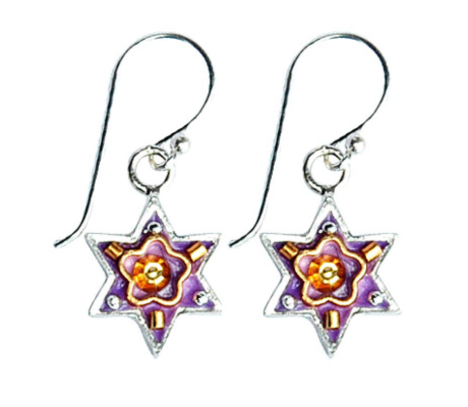 Purple Flower Star of David Earrings - Ester Shahaf