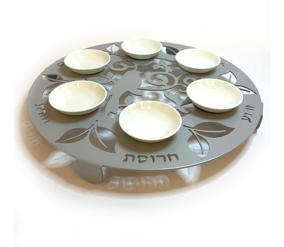 Raised Handmade Seder Plate with Cutout Bird and Leaves in Silver - Iris Design