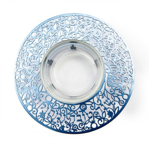 Raised Honey Dish with Cutout Pomegranates and Shanah Tovah, Blue - Yair Emanuel