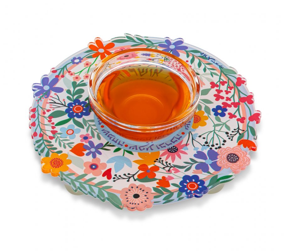 Raised Lucite Honey Dish, Colorful Flowers and Hebrew Blessing Words - Dorit Judaica