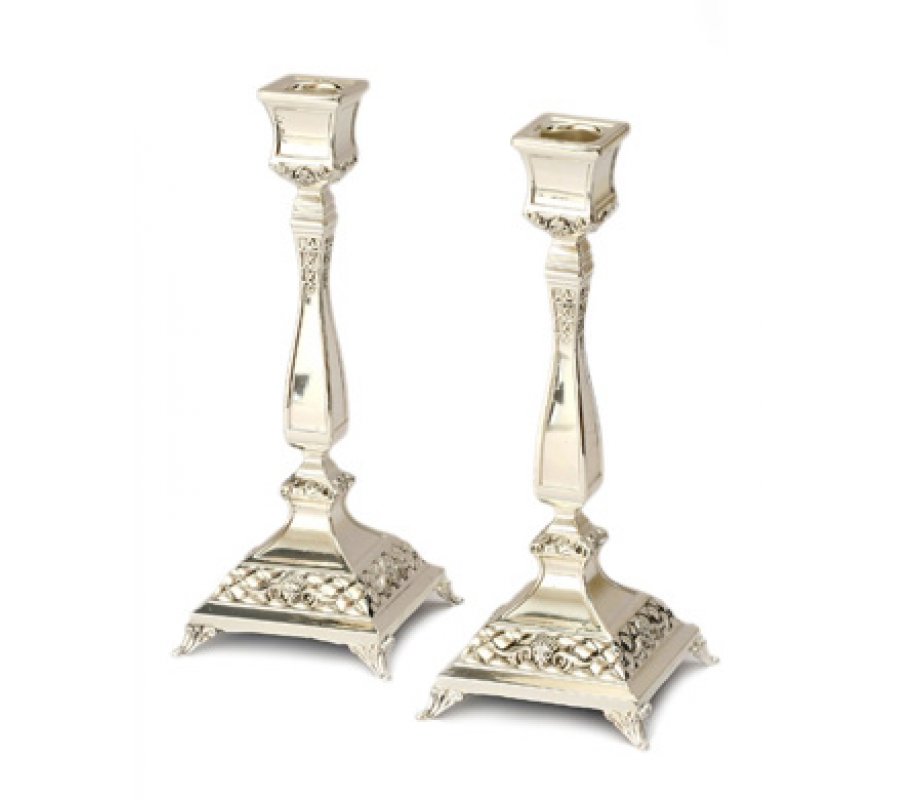 Raised Silver Plated Shabbat Candlesticks, Classic Engraved Design – Height 7.2