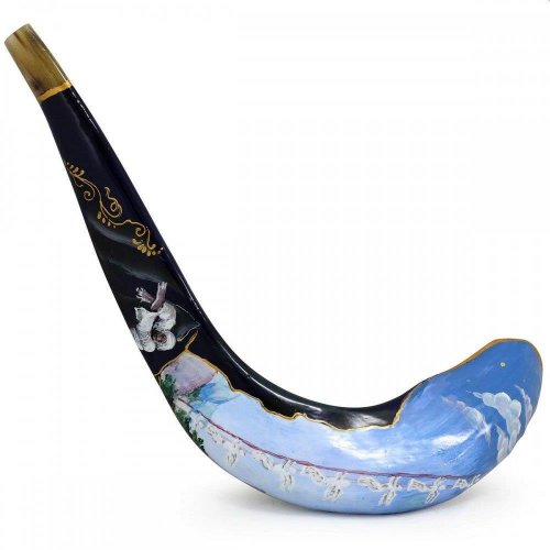 Rams Horn Shofar Hand Painted in Israel - Blue Jacobs Ladder with Gold Elements
