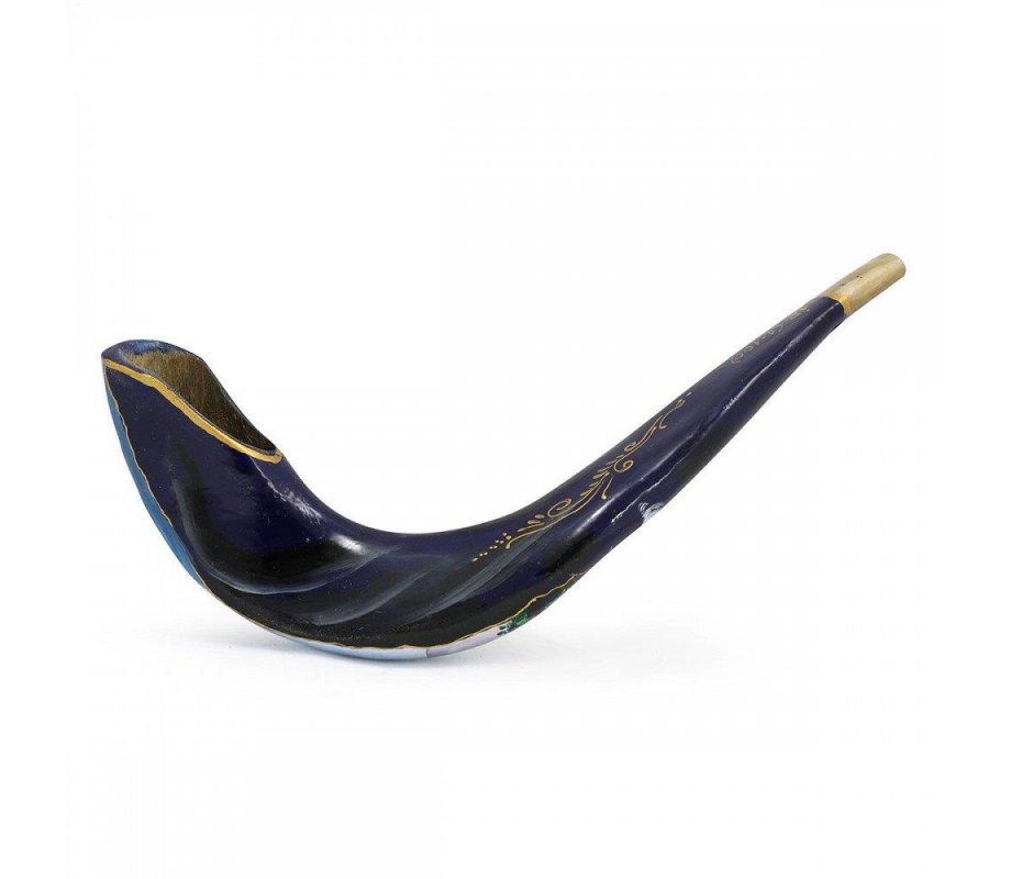 Rams Horn Shofar Hand Painted in Israel - Blue Jacobs Ladder with Gold Elements