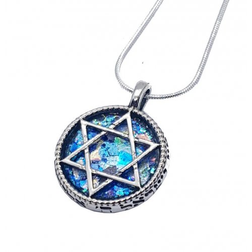 Roman Glass Filigree 925 Sterling Silver Necklace with Star of David