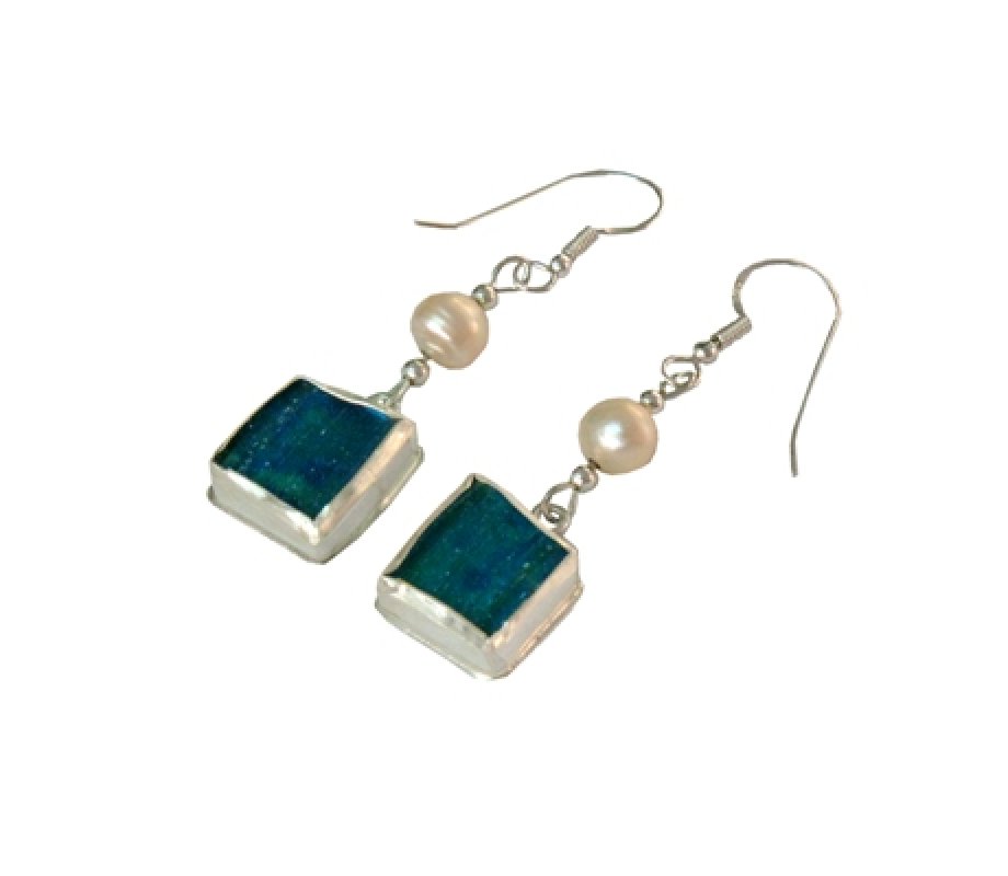 Roman Glass Sterling Silver Dangle Earrings with Roman Glass and Freshwater Pearls