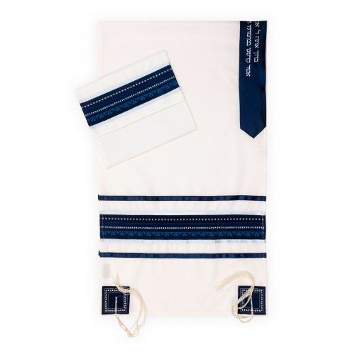 Ronit Gur Blue Embroidery Stripe and White Tallit Set