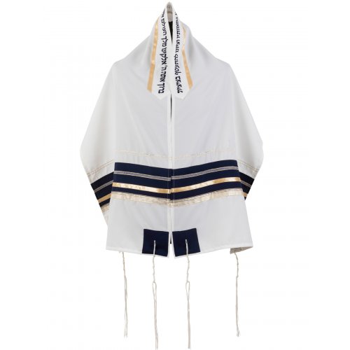 Ronit Gur White Tallit Set with Black and Gold Stripes