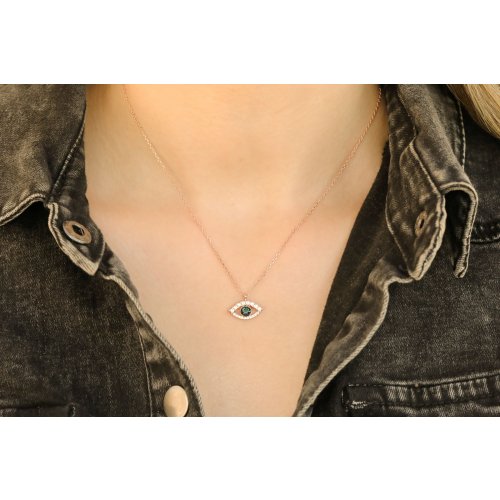 Rose Gold Plated Sterling Silver Necklace with Evil Eye Charm Pendant - Zircons