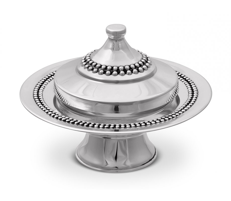 Rosh Hashanah Honey Dish on Pedestal with Bead Design - 925 Sterling Silver