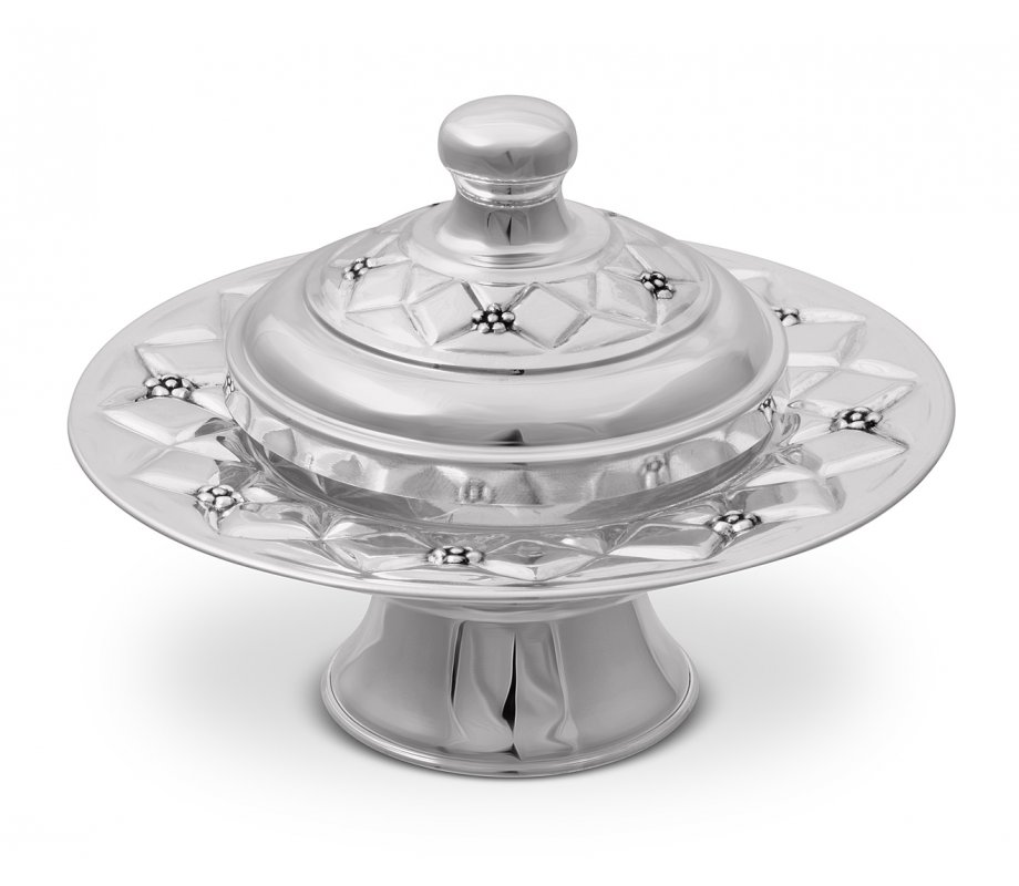 Rosh Hashanah Honey Dish on Pedestal with Diamond Design - 925 Sterling Silver