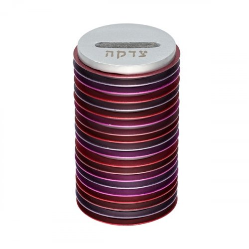 Round Charity Tzedakah Box with Stacked Discs, Violet and Maroon Shades - Yair Emanuel