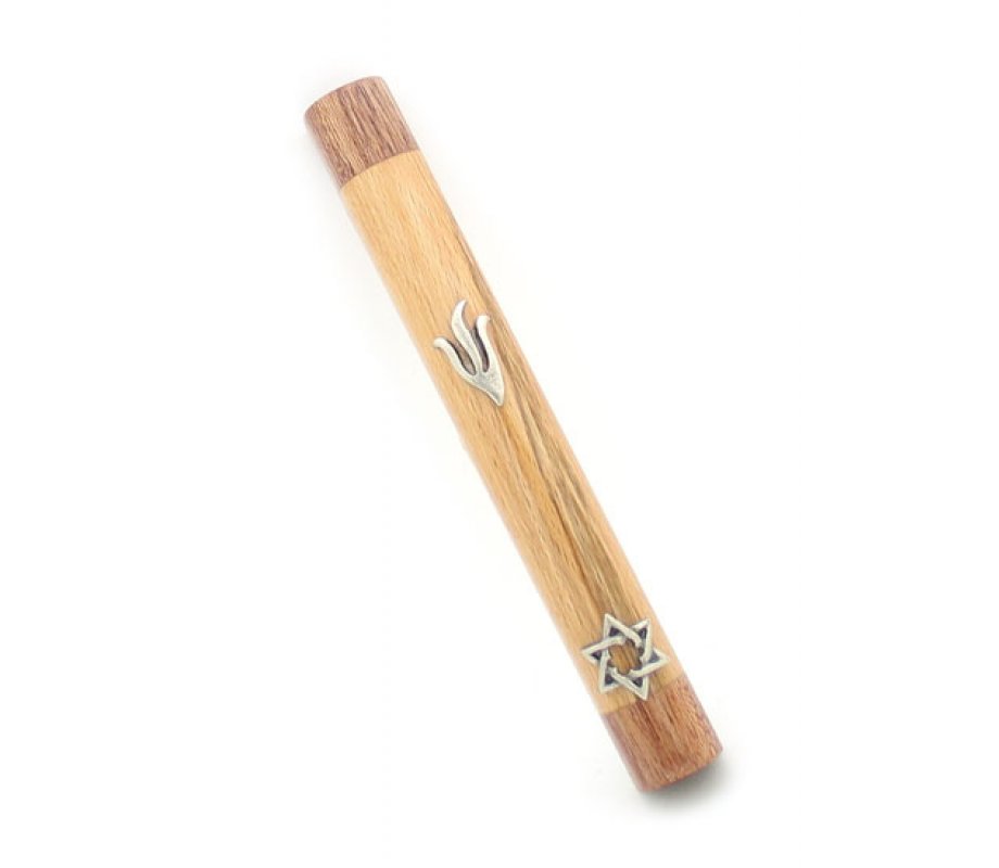 Rounded Mezuzah Case of Light Brown Wood - Silver Pewter Shin and Star of David