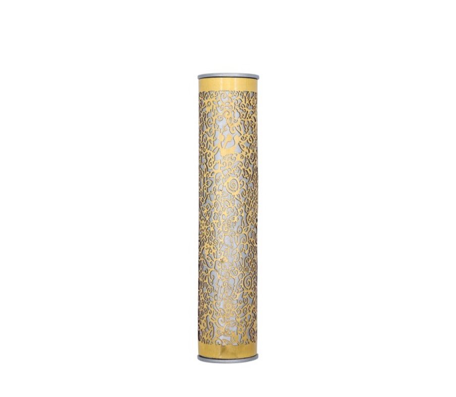 Rounded Mezuzah Case with Cutout Pomegranates, Gold on Silver - Yair Emanuel