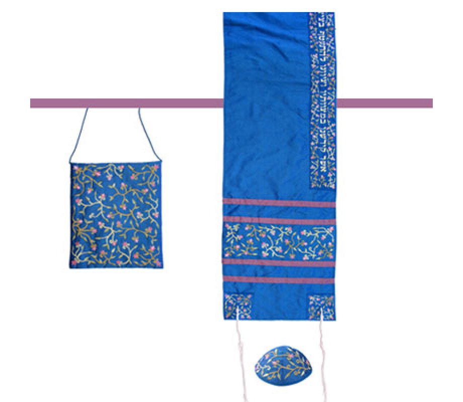 Royal Blue Polysilk TalliSack Tallit Set with Embroidered Flowers - Yair Emanuel