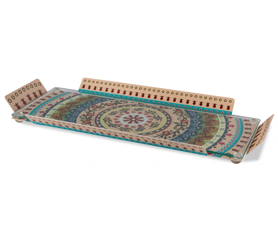 Serving Tray with Glass Top, Colorful Pomegranates & Mandala - Dorit Judaica
