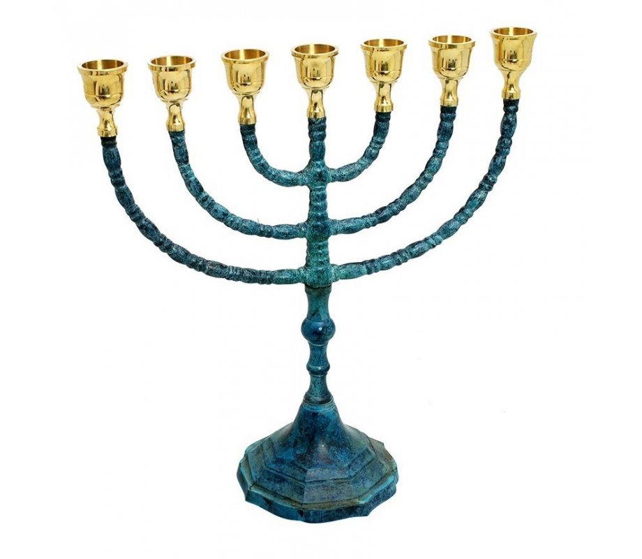 Seven Branch Menorah, Brass Covered with Gold and Blue Patina -12