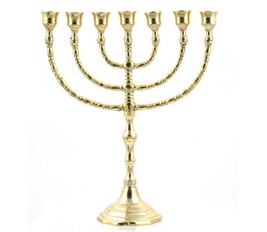 Seven Branch Menorah, Classic Design in Gleaming Gold Brass – Choose 10