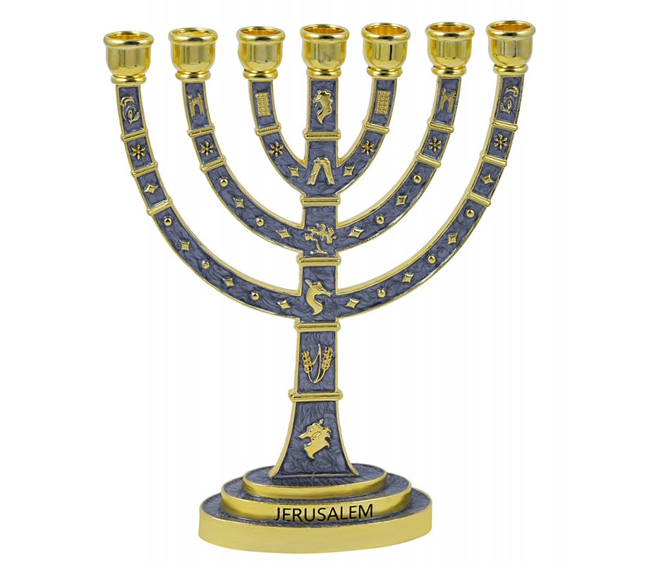 Seven Branch Menorah with Gold Judaic Images on Gray Enamel – 9.5”