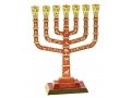 Seven Branch Menorah with Judaica Motifs and Jerusalem Images, Gold and Red - 9.5