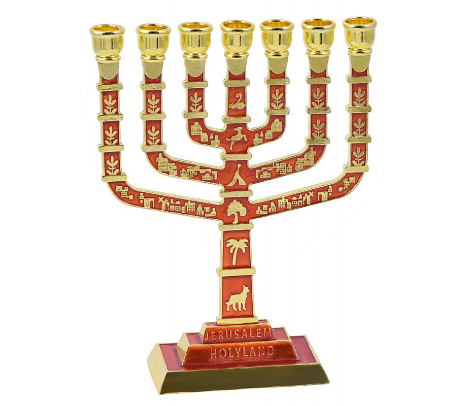 Seven Branch Menorah with Judaica Motifs and Jerusalem Images, Gold and Red - 9.5