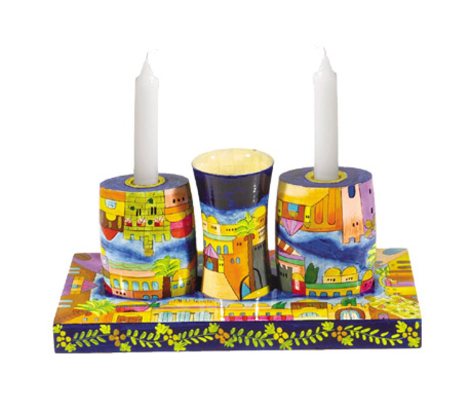 Shabbat Candles & Havdalah Set, Hand Painted Wood with Jerusalem Motif - Yair Emanuel