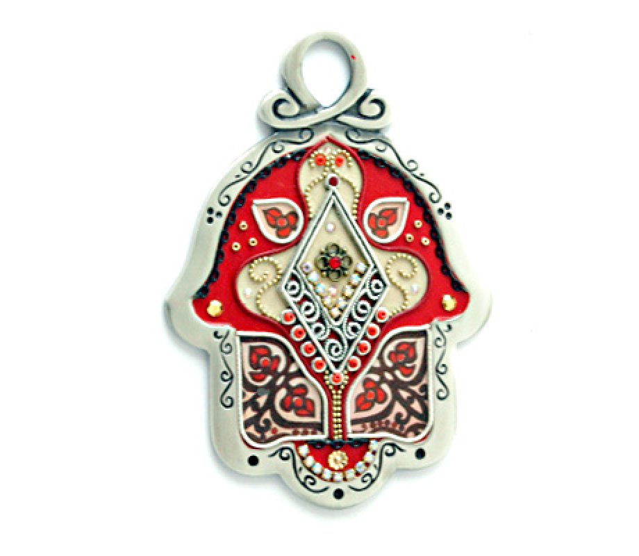 Shahaf Wall Hamsa in Red and Cream Flower Design