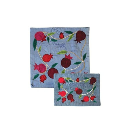 Silk Applique Matzah Cover & Afikoman Bag, Sold Separately, Pomegranates on Blue - Emanuel