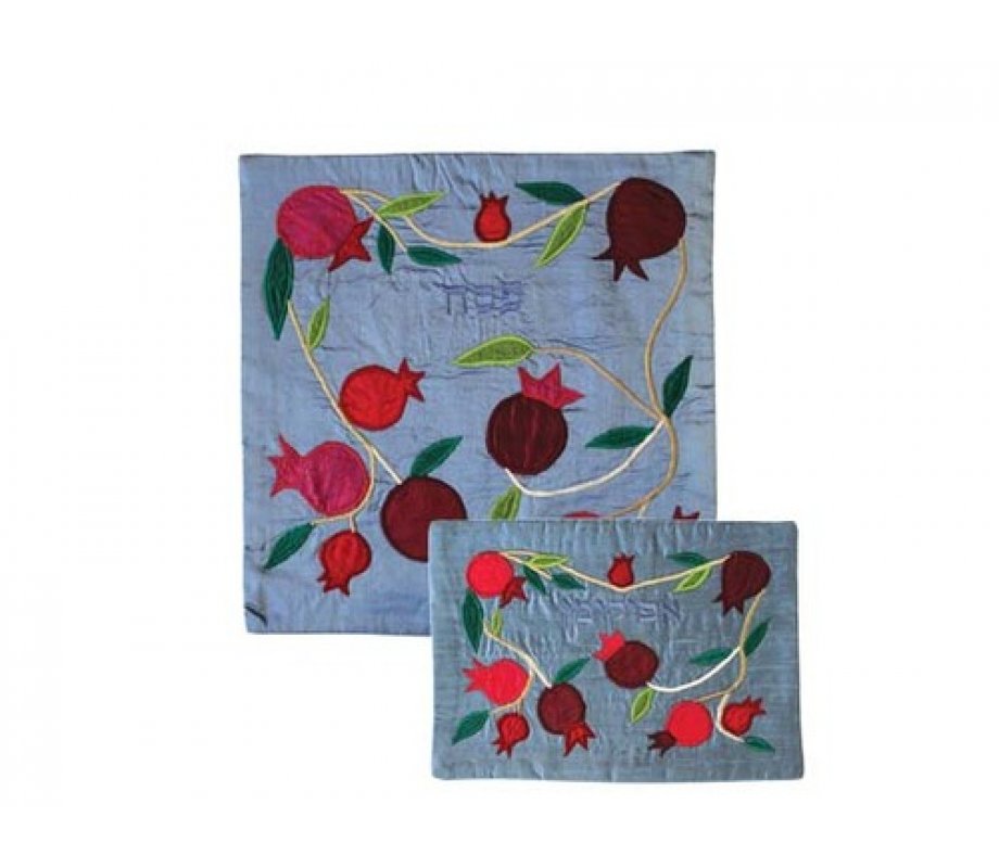 Silk Applique Matzah Cover & Afikoman Bag, Sold Separately, Pomegranates on Blue - Emanuel