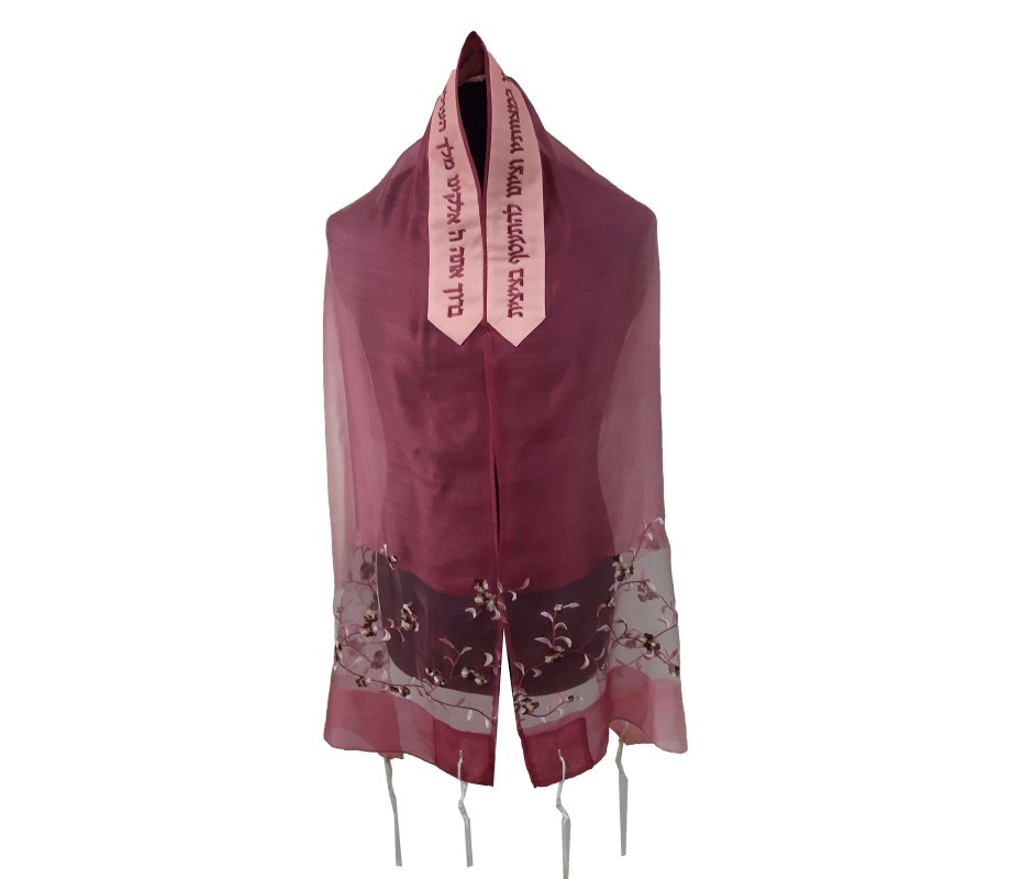 Silk-Wool Tallit Prayer Shawl Set with Pink Apple Blossom Panel, Maroon - Ronit Gur