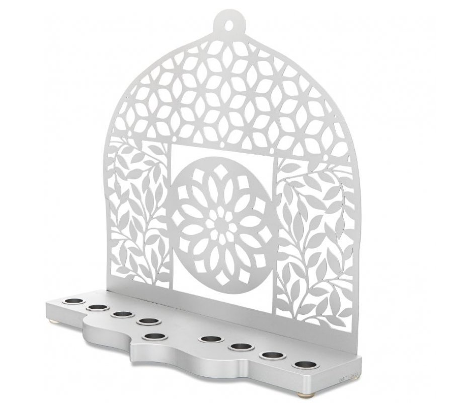 Silver Aluminum Chanukah Menorah, Leaves, Flowers and Mandala - Dorit Judaica