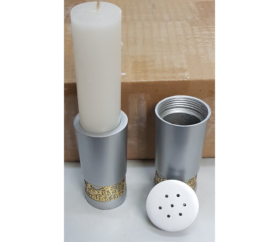 Silver Aluminum Havdalah Set with Gold Jerusalem Band - Yair Emanuel