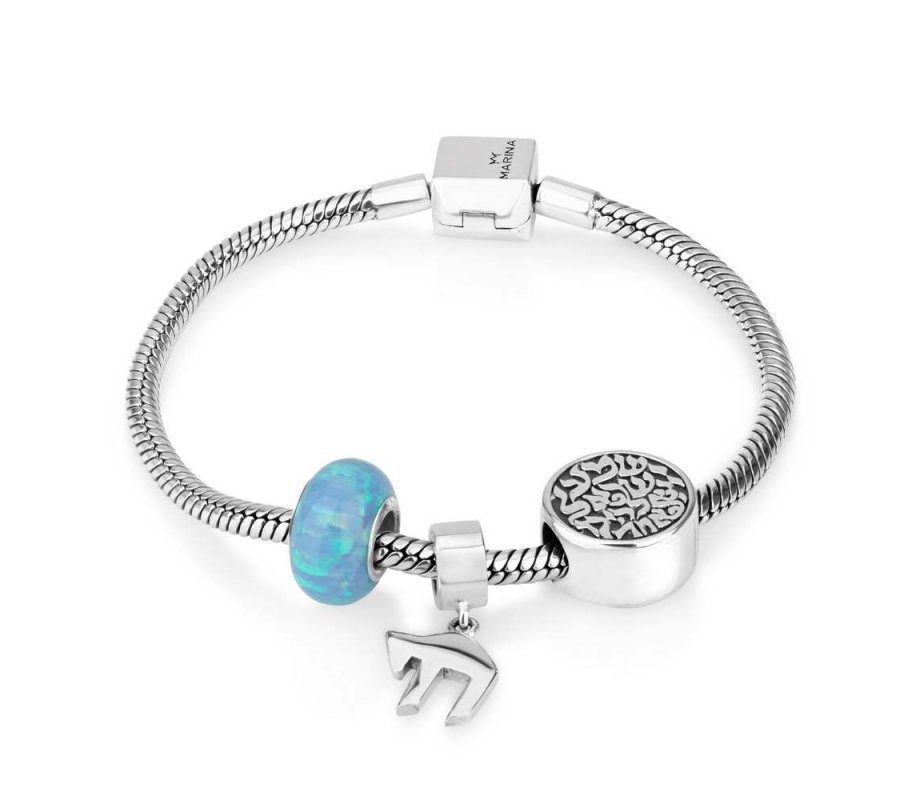 Silver Charm Bracelet with Chai, Opal and Shema