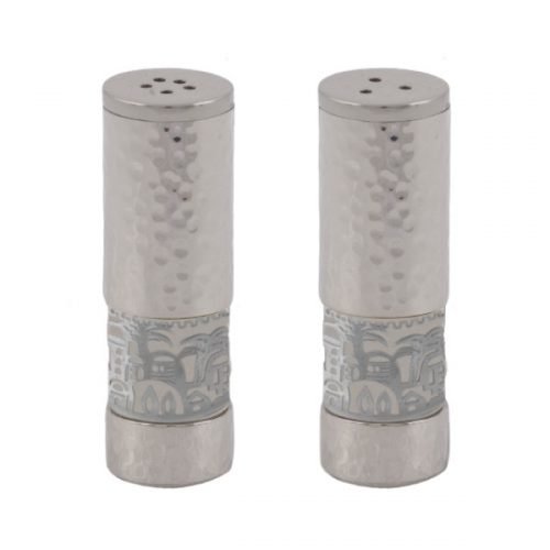 Silver Hammered Aluminum Salt and Pepper Set with Jerusalem Band - Yair Emanuel