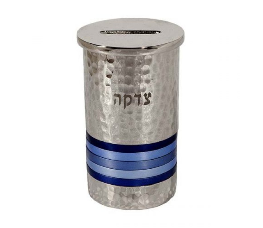 Silver Hammered Nickel Round Charity Box with Blue Rings - Yair Emanuel