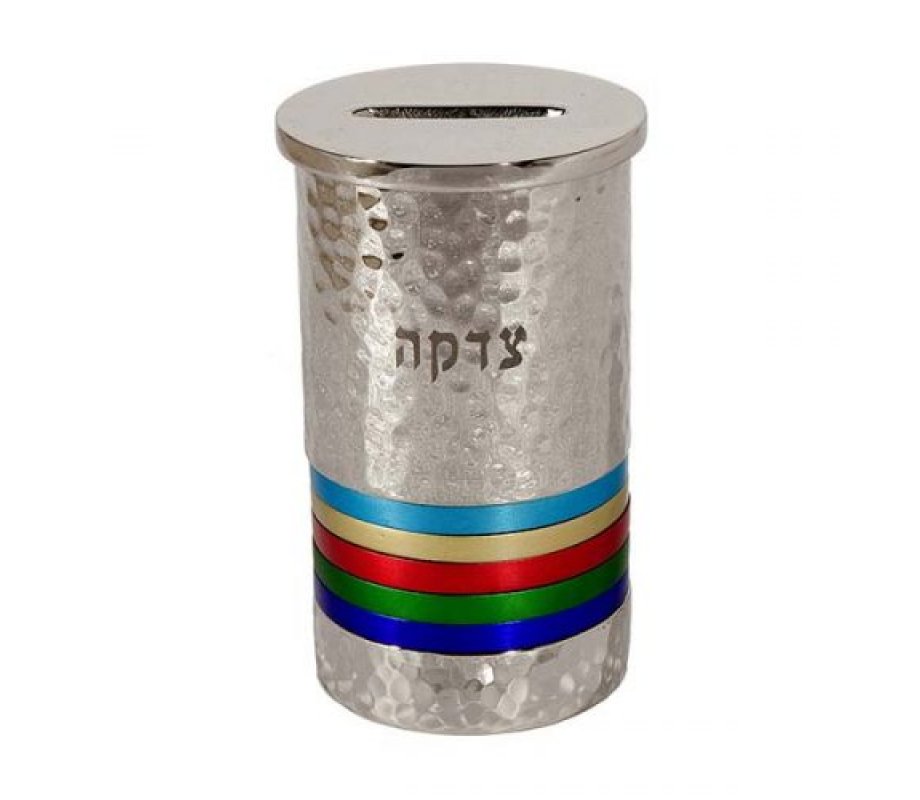 Silver Hammered Nickel Round Charity Box with Colorful Rings - Yair Emanuel